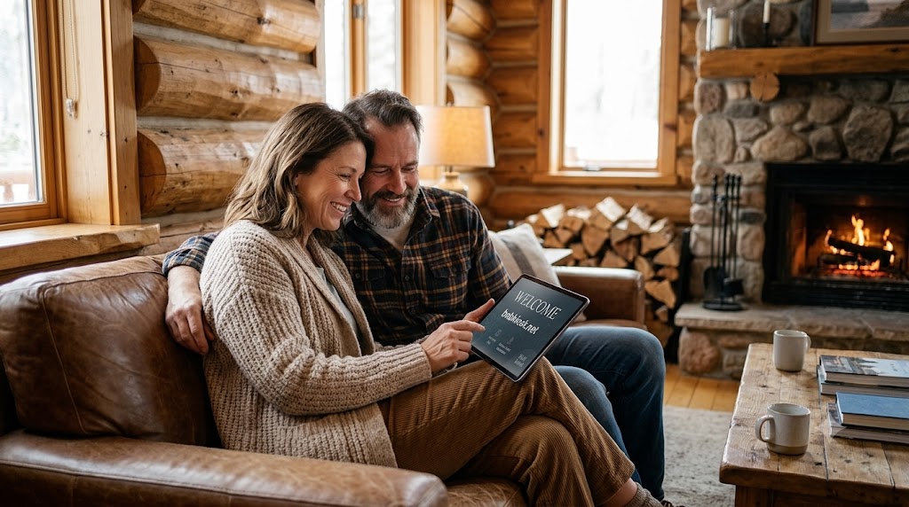 couple share bnbkiosk information on tablet
